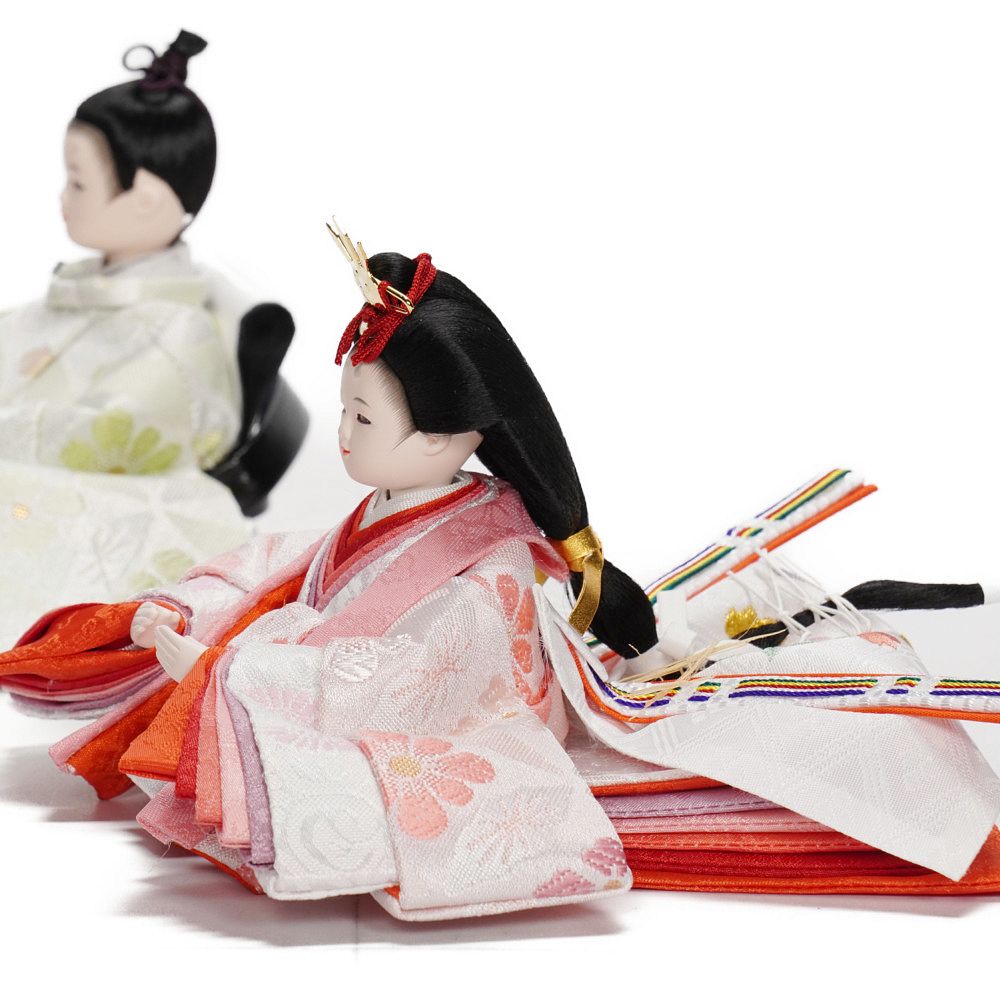 雛人形】まめ(大) 金襴花柄(緑・ピンク)×金襴花柄(薄緑・ピンク) 双子