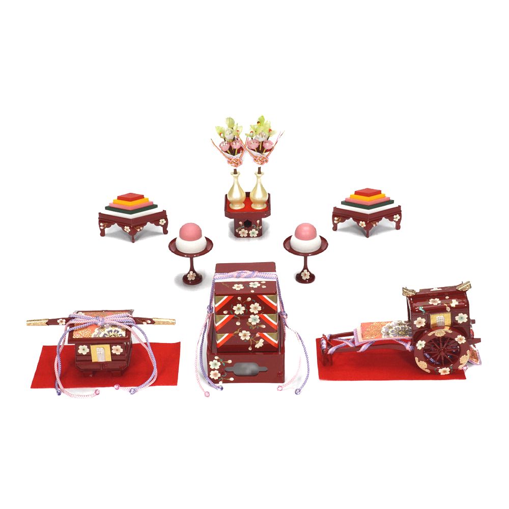 三五 研ぎ出し曙塗 五人揃い三段収納飾り〈雛聖作〉[233-003]