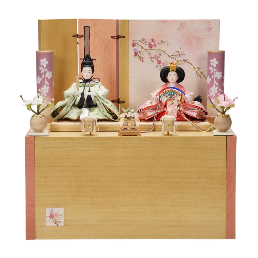 【雛人形】京十四番金襴 花菱(緑・ピンク) 親王揃い収納飾り | 恵翠作