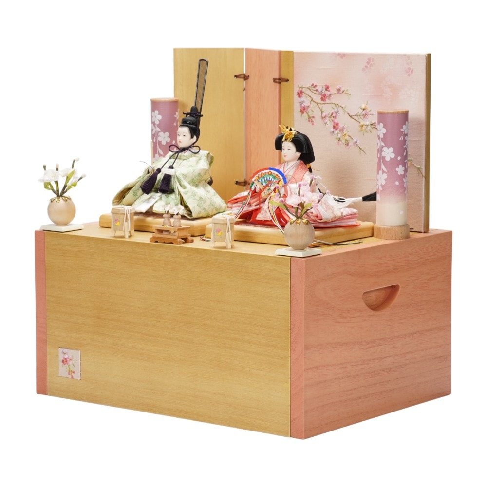 【雛人形】京十四番金襴 花菱(緑・ピンク) 親王揃い収納飾り | 恵翠作