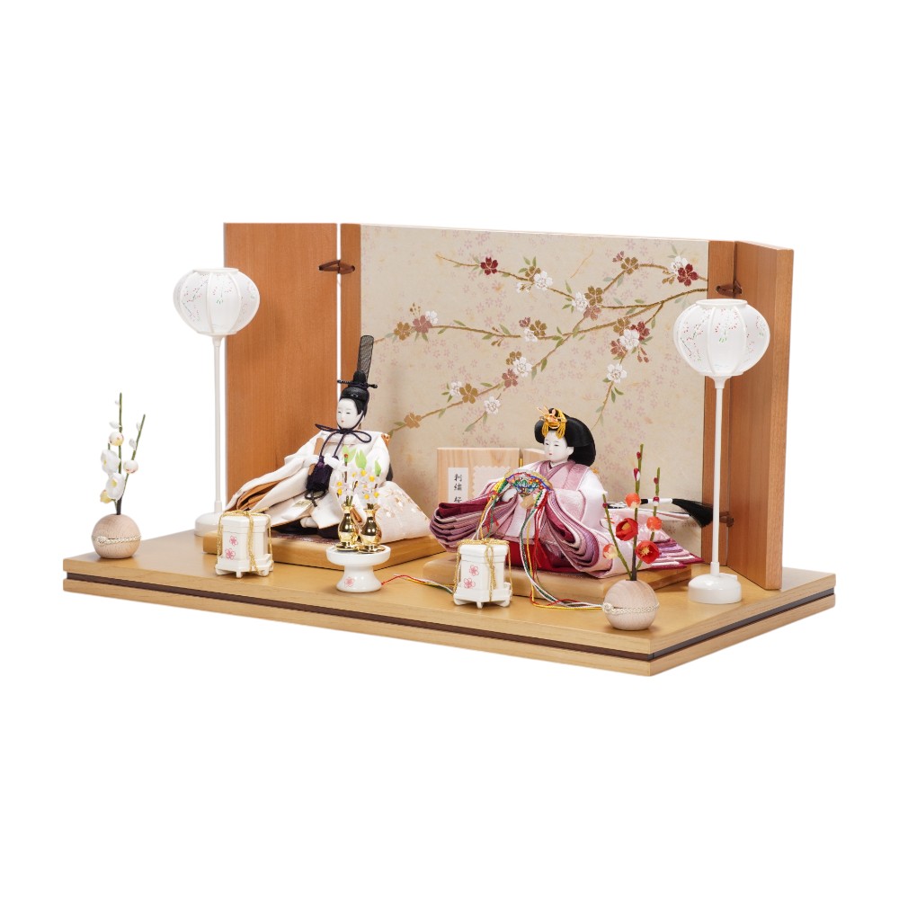 【雛人形】「葵」 桜ちらし刺繍(白・ピンク) 親王飾り〈柴田家千代作〉[253-092]