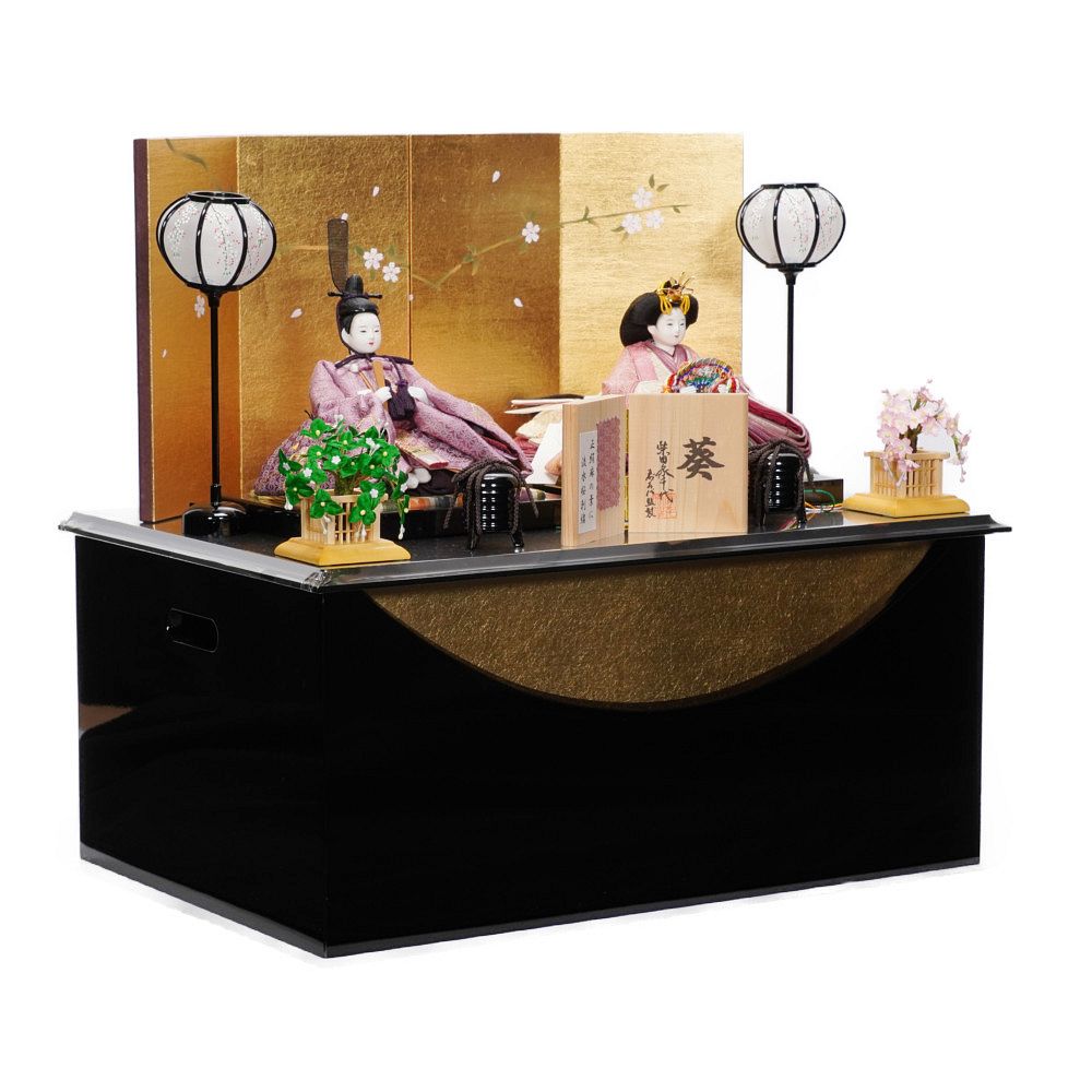 紙楽人②柴田恒雄　紙のインテリア　舟の形（もう一点出品中） 雛人形】「葵」 麻の葉に流水桜刺繍(紫) 親王揃い収納飾り〈柴田家千代