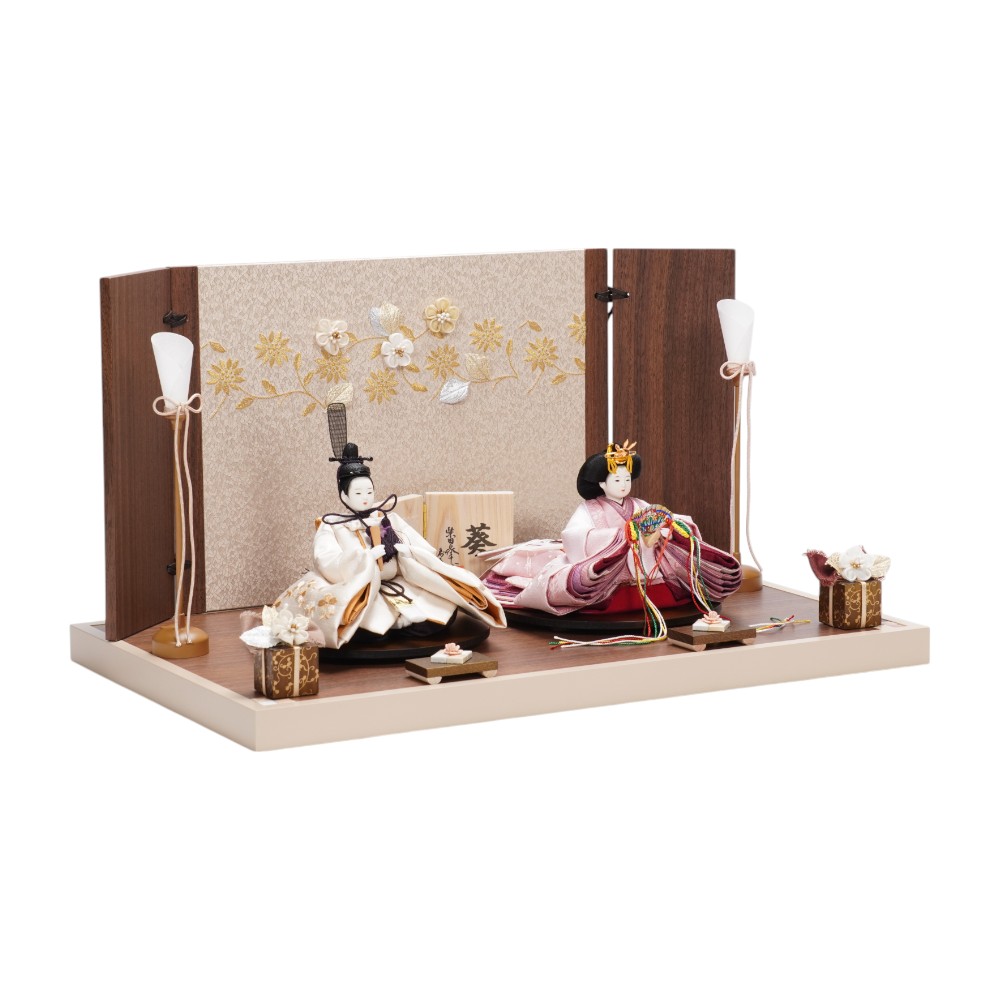 【雛人形】「葵」 桜ちらし刺繍(白・ピンク) 親王飾り〈柴田家千代作〉[253-096]