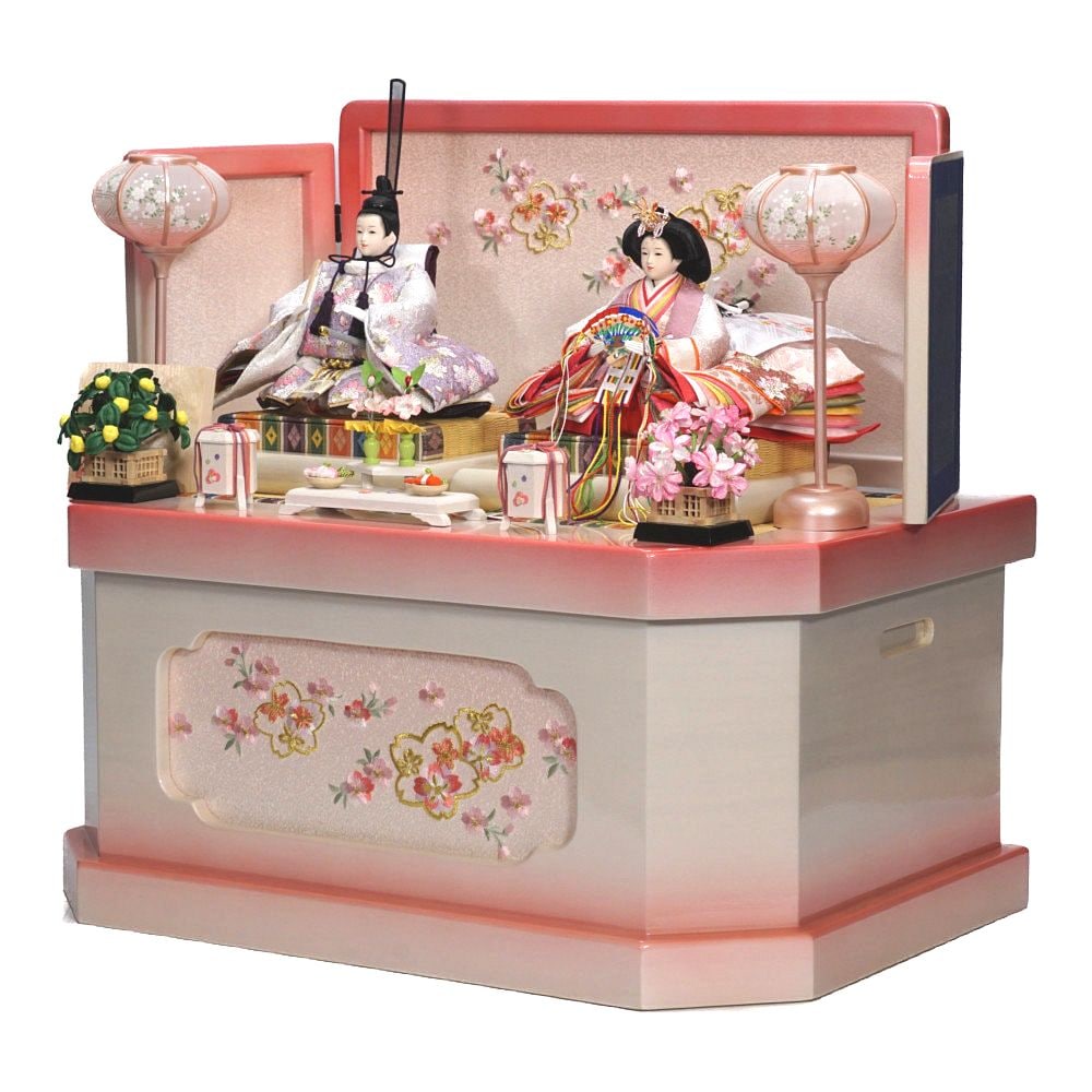 雛人形　親王飾り収納セット・頭：梛葉　作・台：伝統工芸　駿河塗・屏風：金彩友禅 雛人形 親王飾り 高台セット【P87001】 毬刺繍が素敵な高床の台