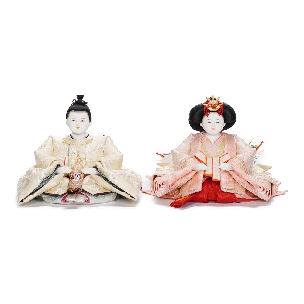 【雛人形】三寸 おぼこ雛 京刺繍(特上) 唐花文様 丸窓竹製円型飾り | 小出松寿作