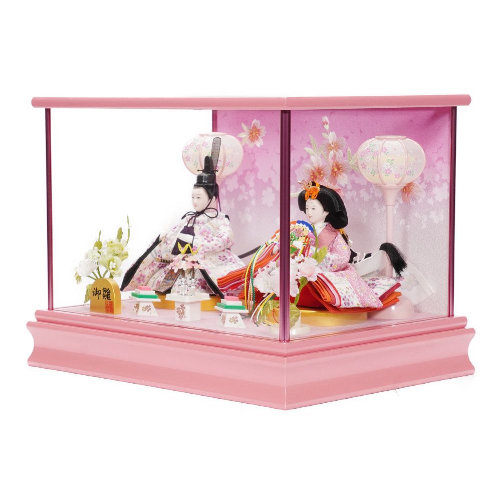 【雛人形】小芥子 金襴 パールピンク塗 親王揃いガラスケース飾り〈河雲作〉[243-031]