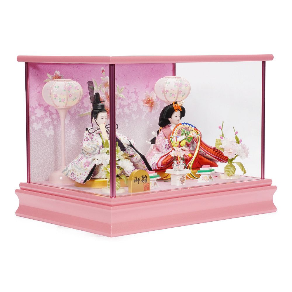 【雛人形】小芥子 金襴 パールピンク塗 親王揃いガラスケース飾り〈河雲作〉[243-031]