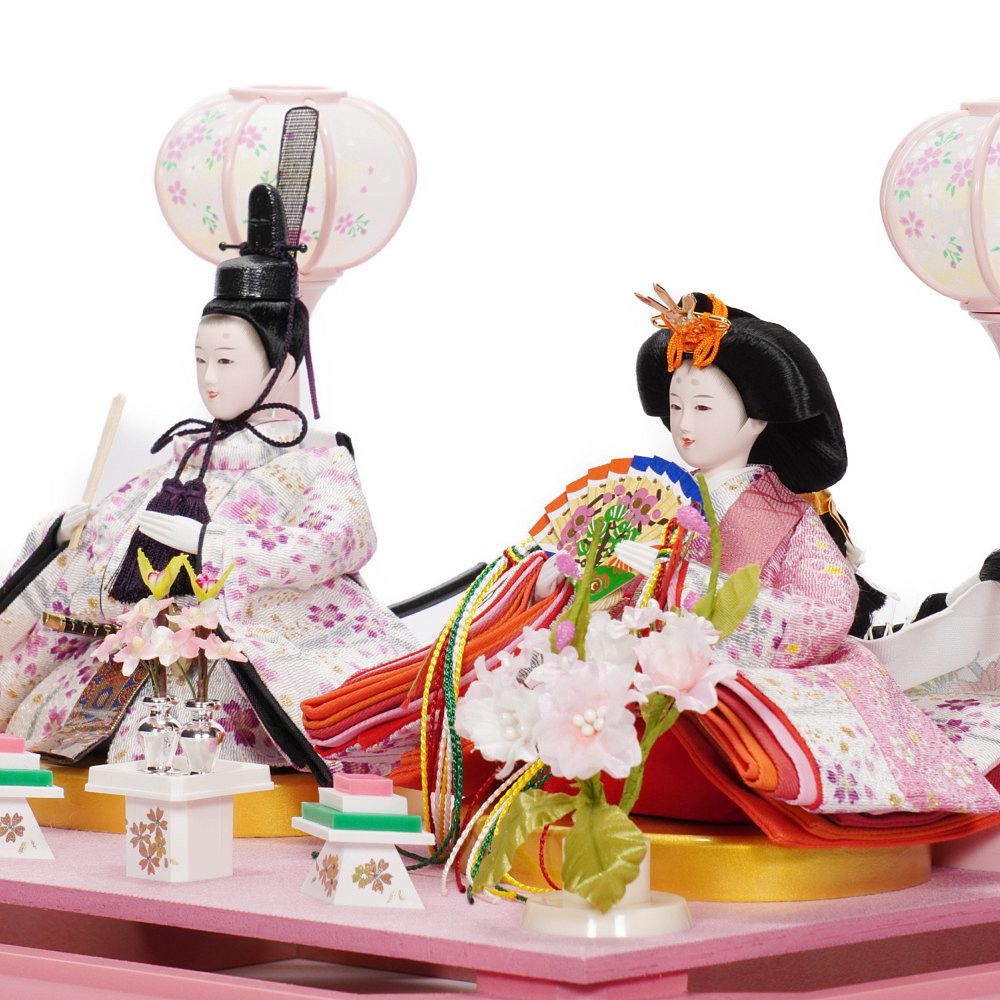 【雛人形】小芥子 金襴 パールピンク塗 親王揃いガラスケース飾り〈河雲作〉[243-031]