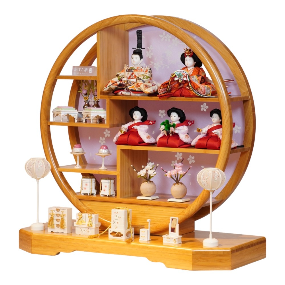【雛人形】三寸 おぼこ雛 宝尽くし文様 丸窓竹製円型飾り | 小出松寿作