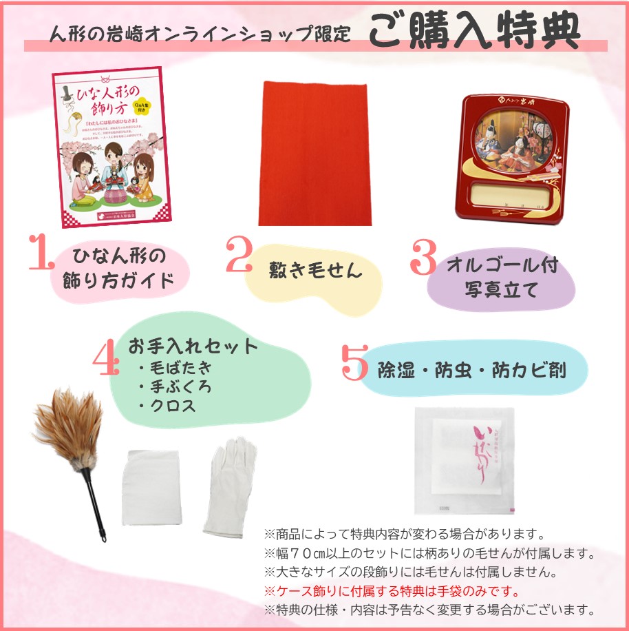 雛人形】三寸 おぼこ雛 宝尽くし文様 丸窓竹製円型飾り〈小出