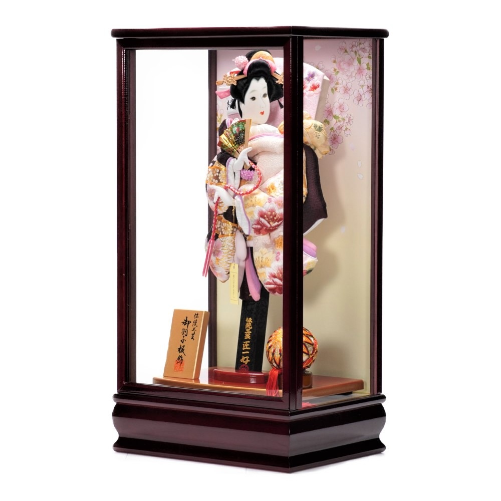 【羽子板】13号 振袖 金駒刺繍(エンジ)×刺繍牡丹(薄ピンク)〈匠一好作〉[222-047]