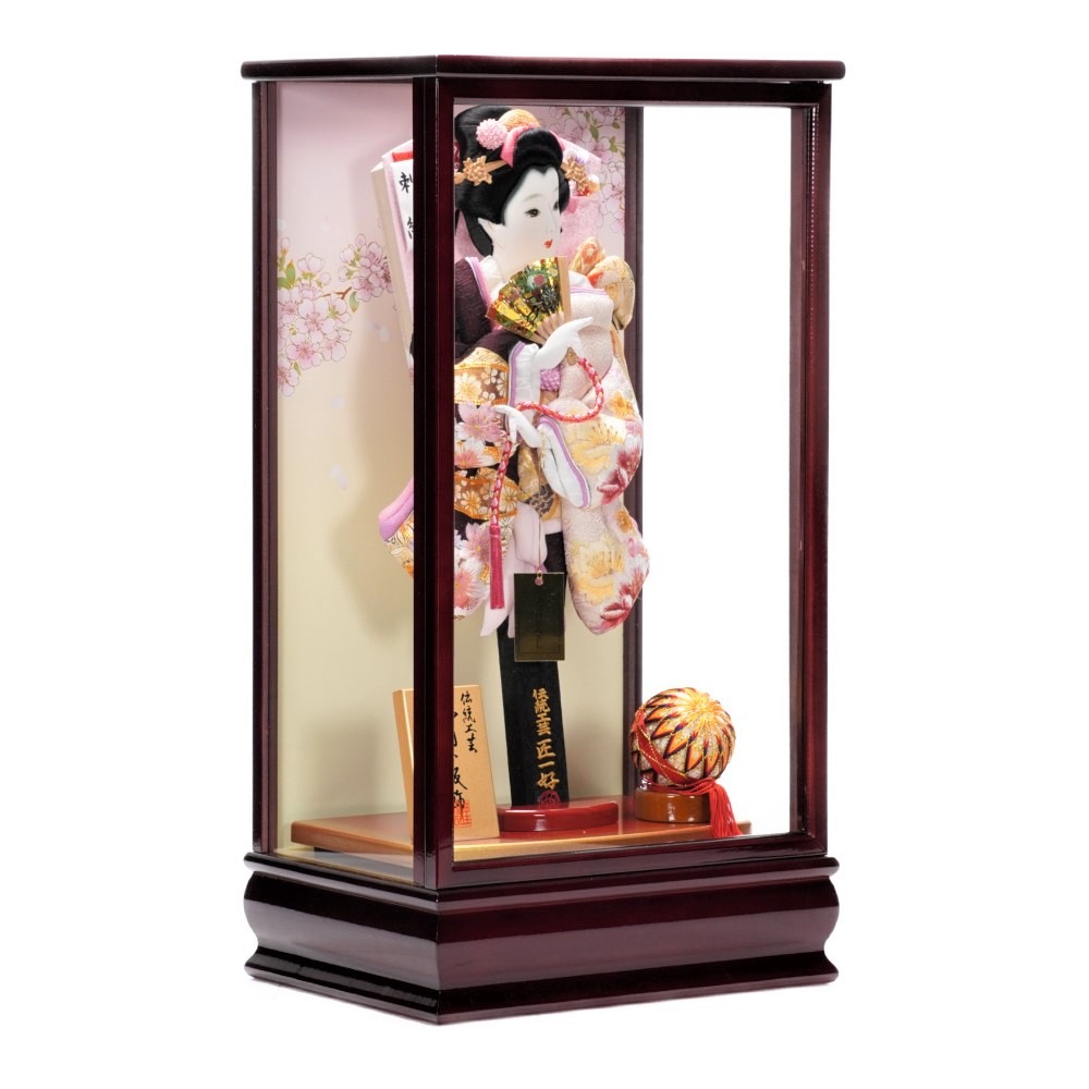 【羽子板】13号 振袖 金駒刺繍(エンジ)×刺繍牡丹(薄ピンク)〈匠一好作〉[222-047]