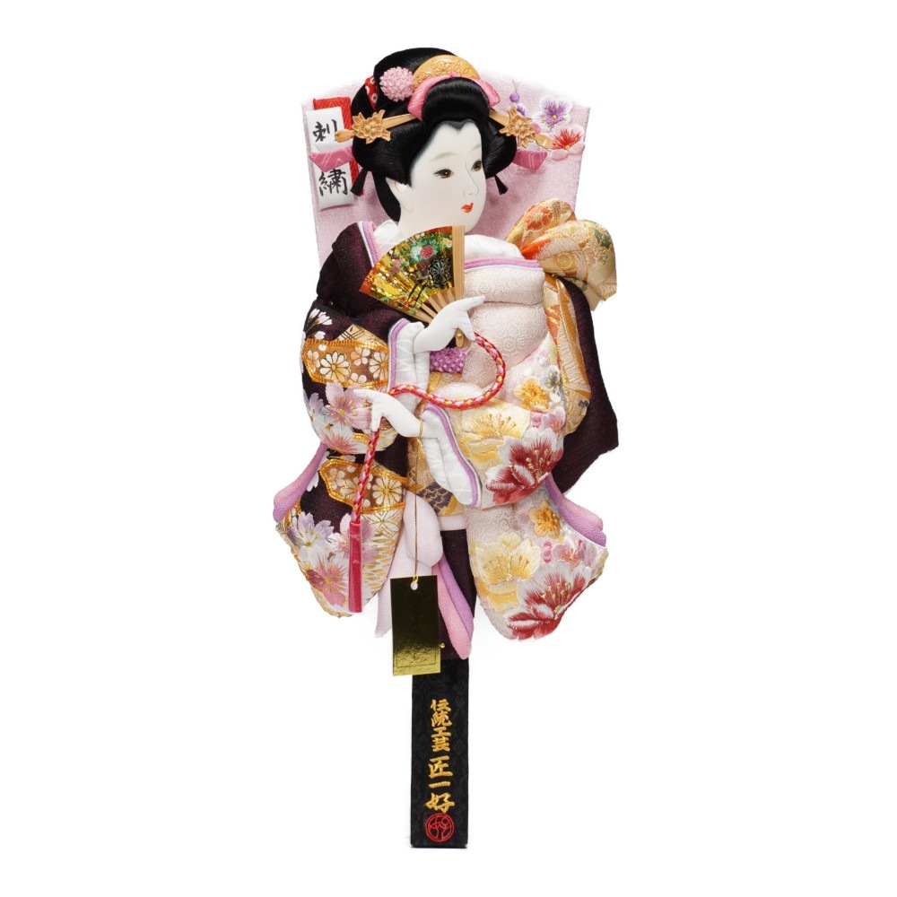 【羽子板】13号 振袖 金駒刺繍(エンジ)×刺繍牡丹(薄ピンク)〈匠一好作〉[222-047]