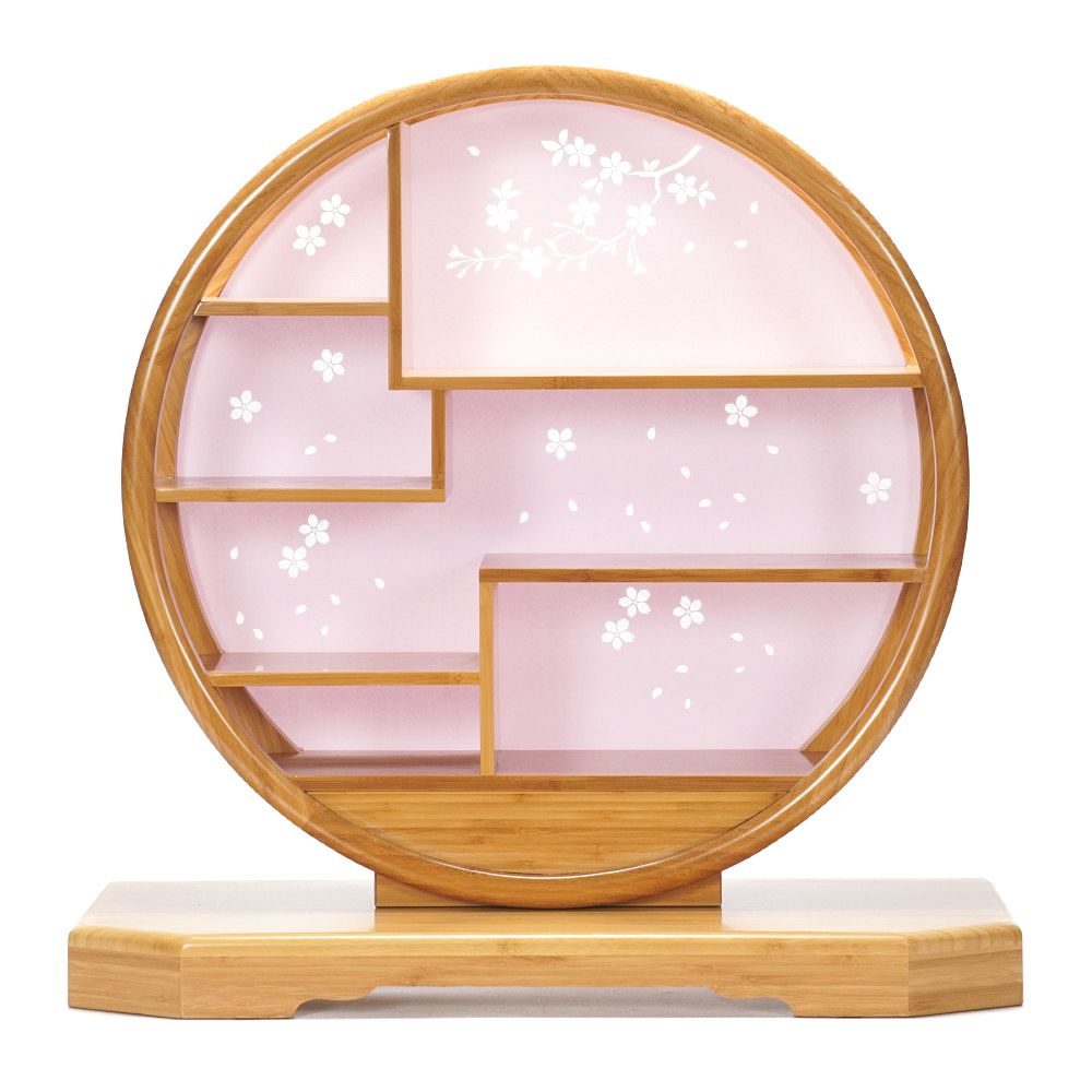 【雛人形】三寸 おぼこ雛 京刺繍 雪輪に桜文様 丸窓竹製円型飾り | 小出松寿作