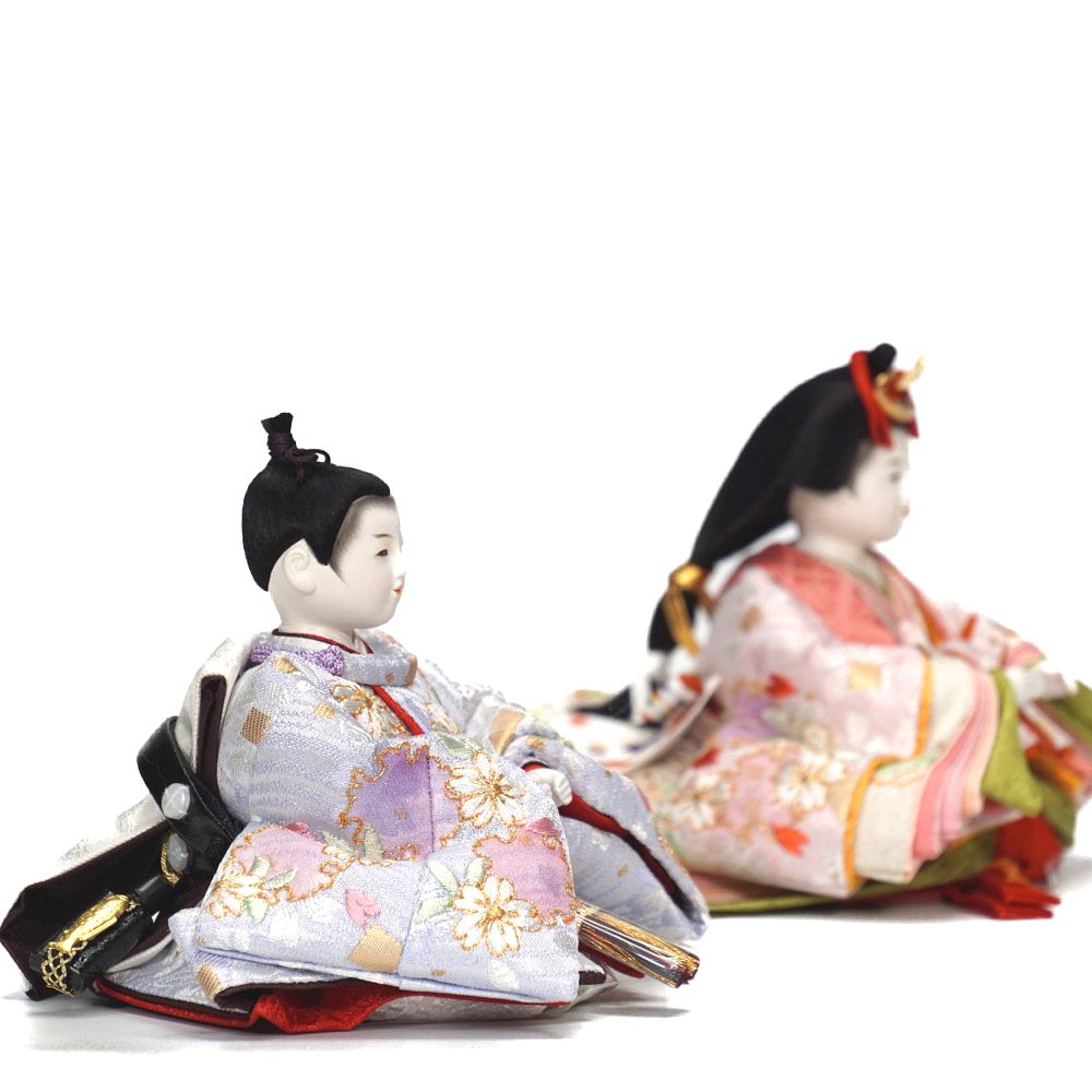【雛人形】三寸 おぼこ雛 京刺繍 雪輪に桜文様 丸窓竹製円型飾り | 小出松寿作