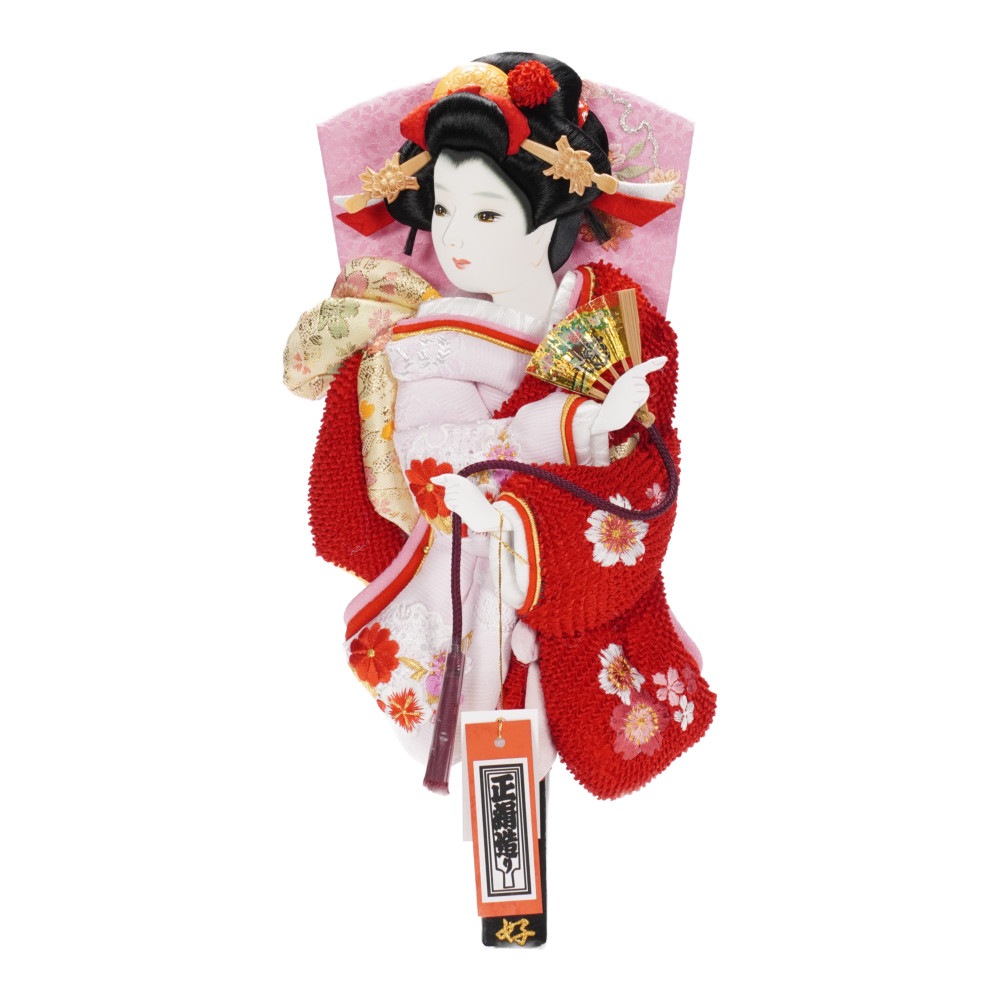 【羽子板】10号 振袖 刺繍雪輪桜(ピンク)×鹿の子絞り(赤)〈匠一好作〉[222-048]