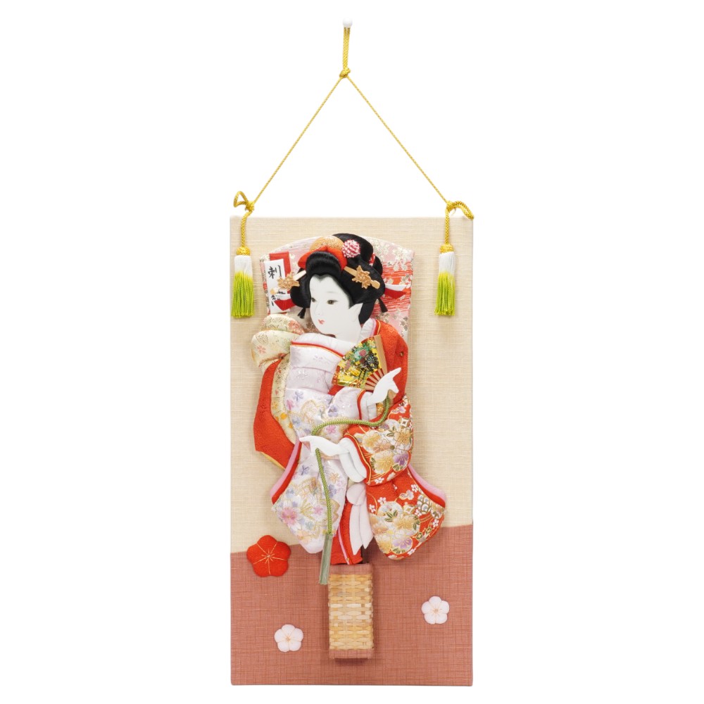 【羽子板】13号 刺繍桜(ピンク)×金彩梅(赤) 壁掛け〈匠一好作〉[262-018]