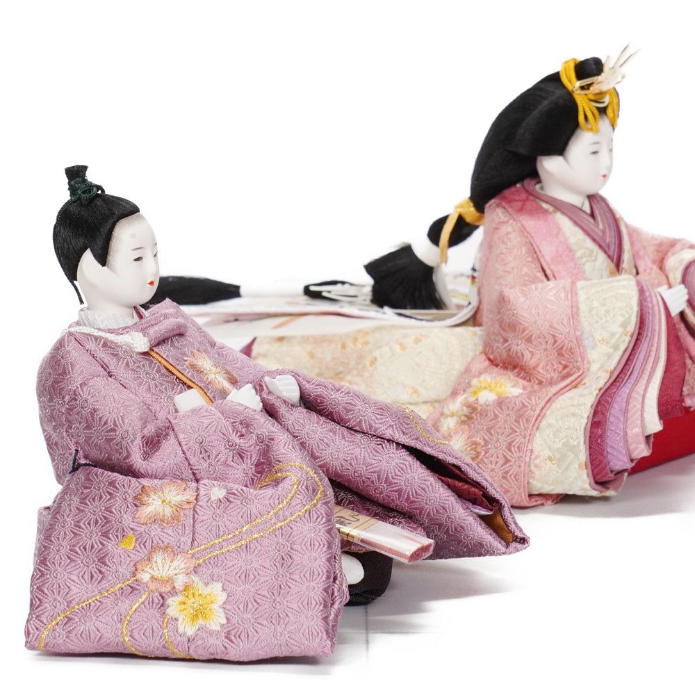 【雛人形】「葵」 麻の葉に刺繍桜(紺・赤)×麻の葉に刺繍桜(紫) 双子飾り〈柴田家千代作〉[253-125]