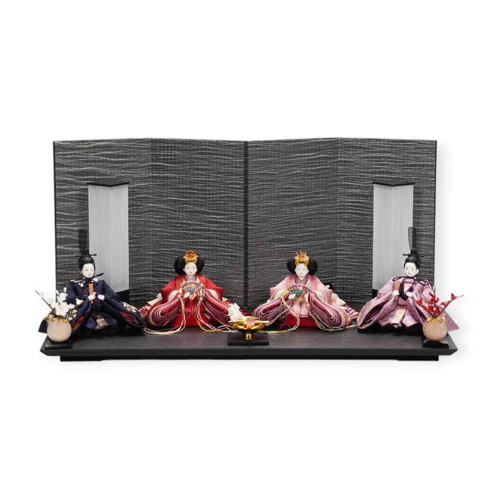 【雛人形】「葵」 麻の葉に刺繍桜(紺・赤)×麻の葉に刺繍桜(紫) 双子飾り〈柴田家千代作〉[253-125]