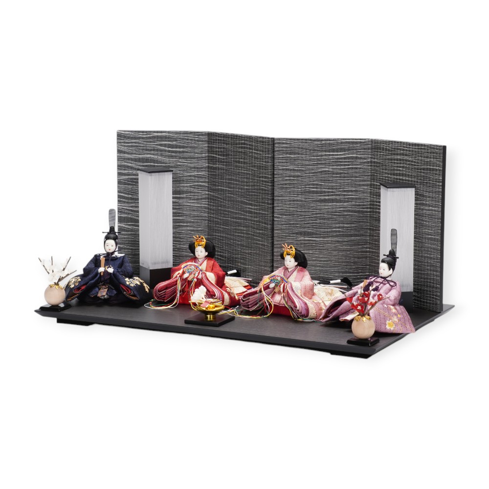 【雛人形】「葵」 麻の葉に刺繍桜(紺・赤)×麻の葉に刺繍桜(紫) 双子飾り〈柴田家千代作〉[253-125]