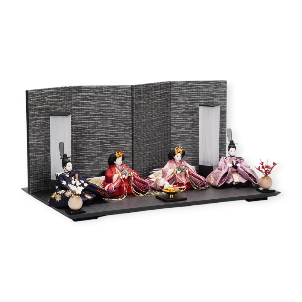 【雛人形】「葵」 麻の葉に刺繍桜(紺・赤)×麻の葉に刺繍桜(紫) 双子飾り〈柴田家千代作〉[253-125]