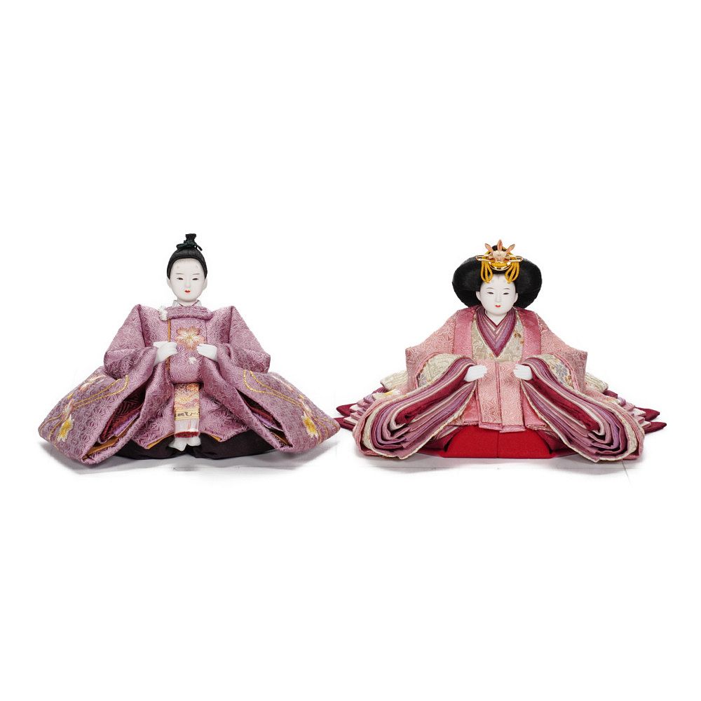 【雛人形】「葵」 麻の葉に刺繍桜(紺・赤)×麻の葉に刺繍桜(紫) 双子飾り〈柴田家千代作〉[253-125]