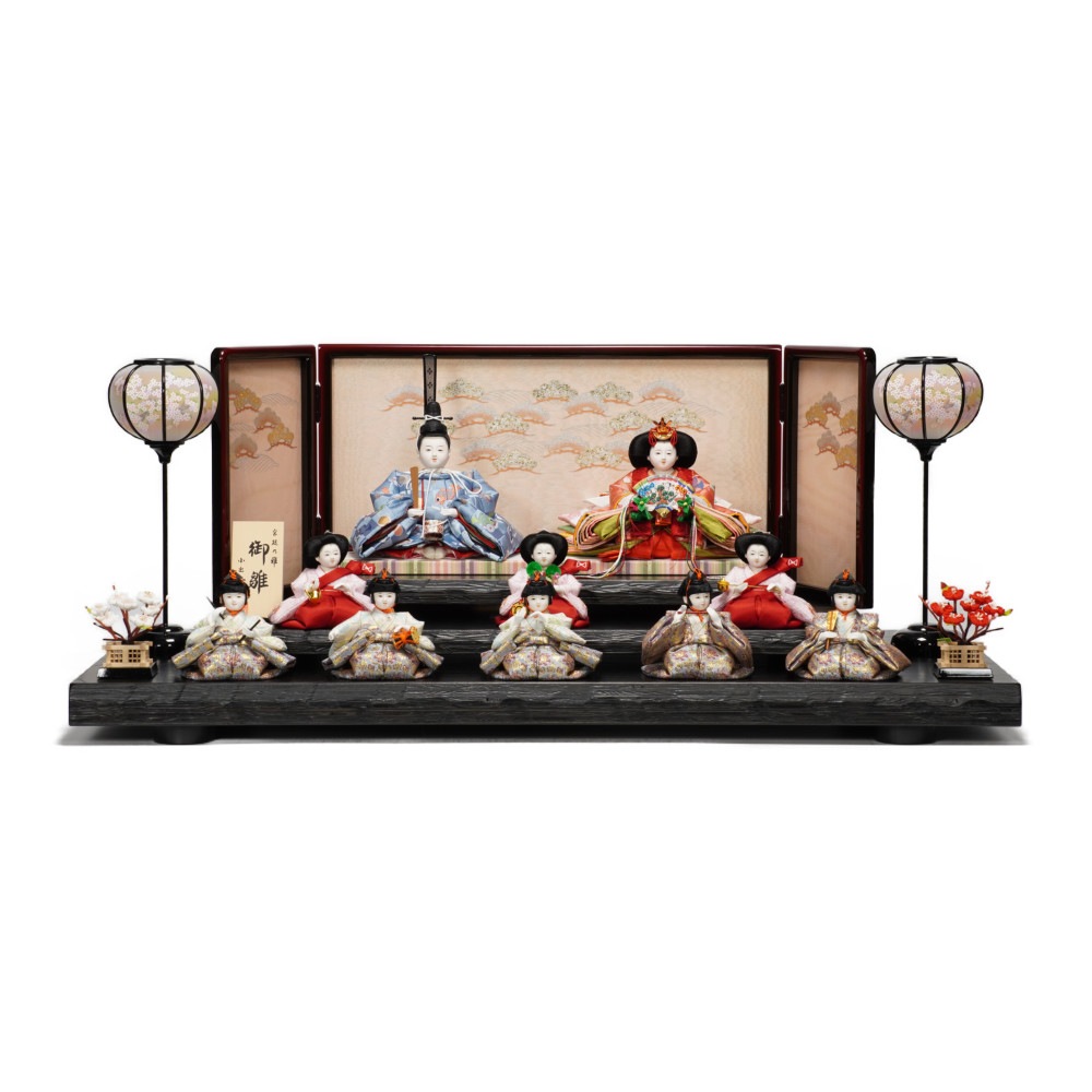 【雛人形】四寸おぼこ 市松地玩具柄文様 十人揃い薄型三段飾り | 小出松寿作