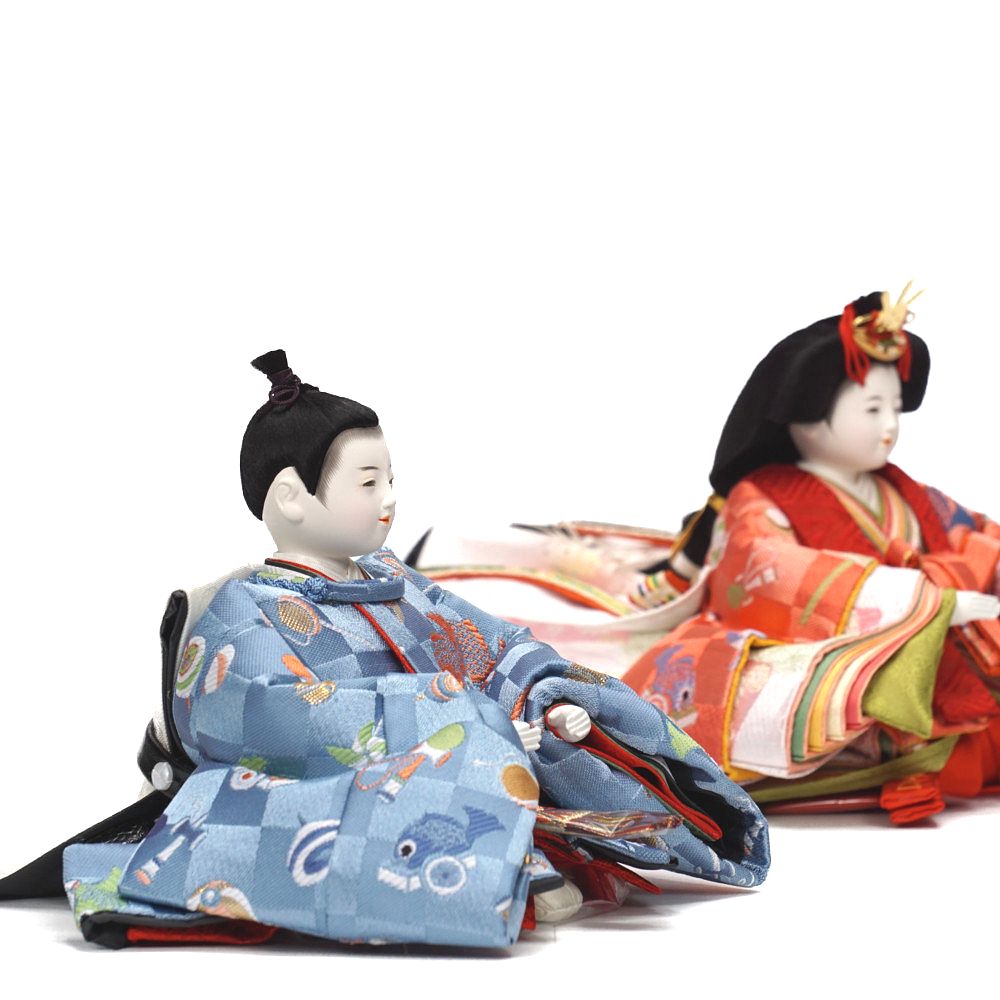 【雛人形】四寸おぼこ 市松地玩具柄文様 十人揃い薄型三段飾り | 小出松寿作