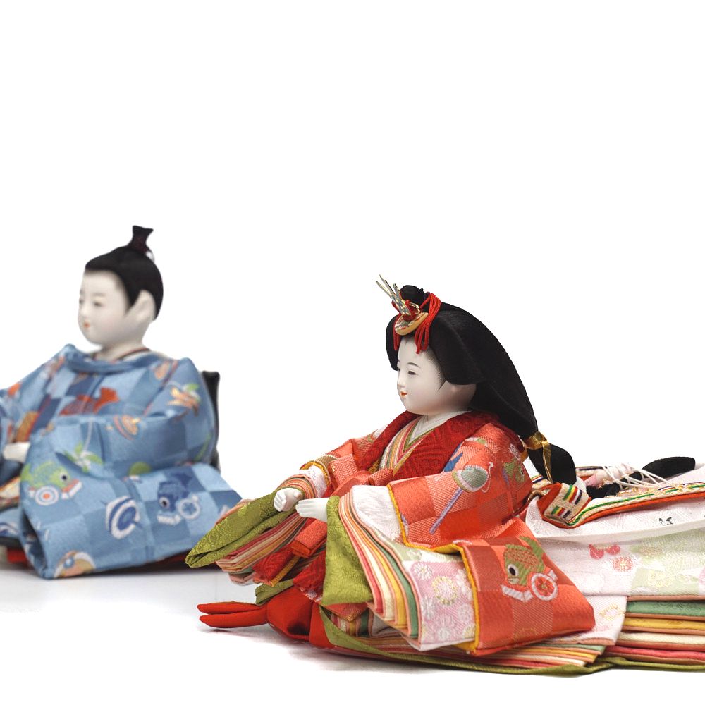 【雛人形】四寸おぼこ 市松地玩具柄文様 十人揃い薄型三段飾り | 小出松寿作