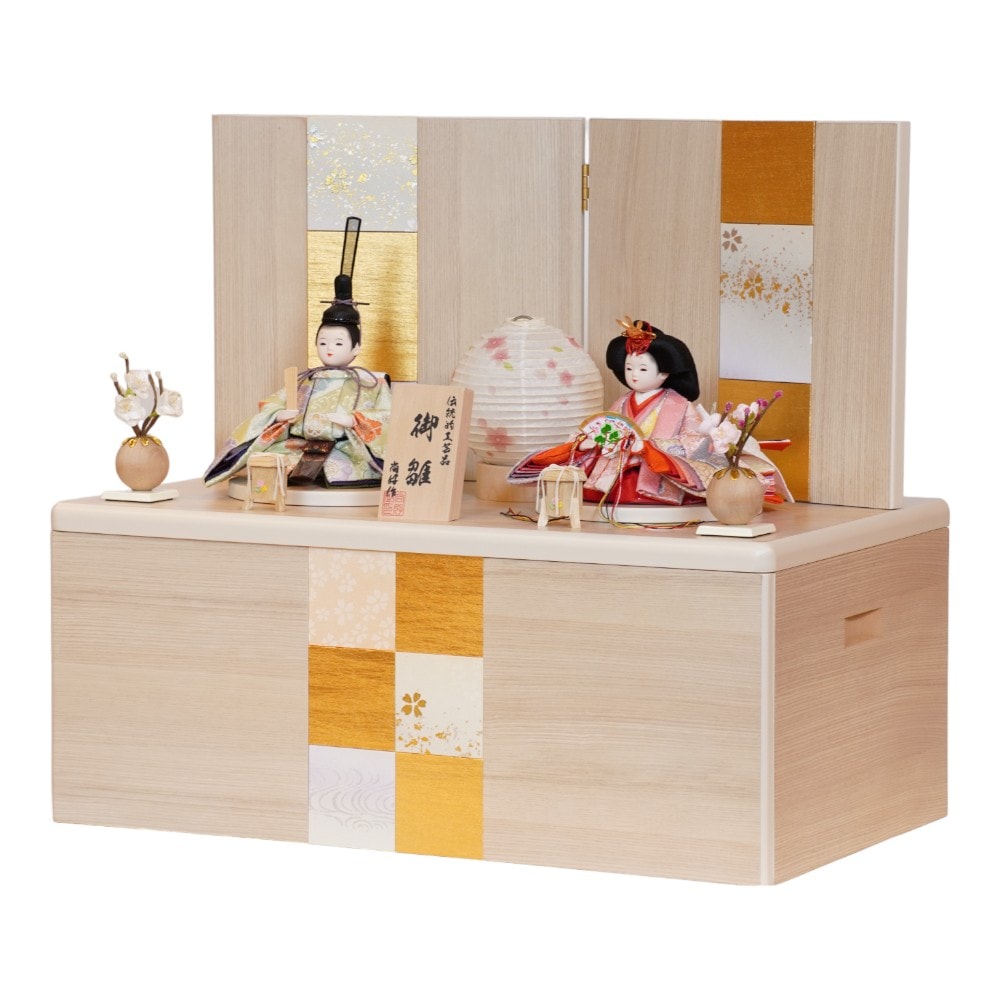 【雛人形】柳(小) 金襴(緑・ピンク) 親王揃い収納飾り | 尚好作