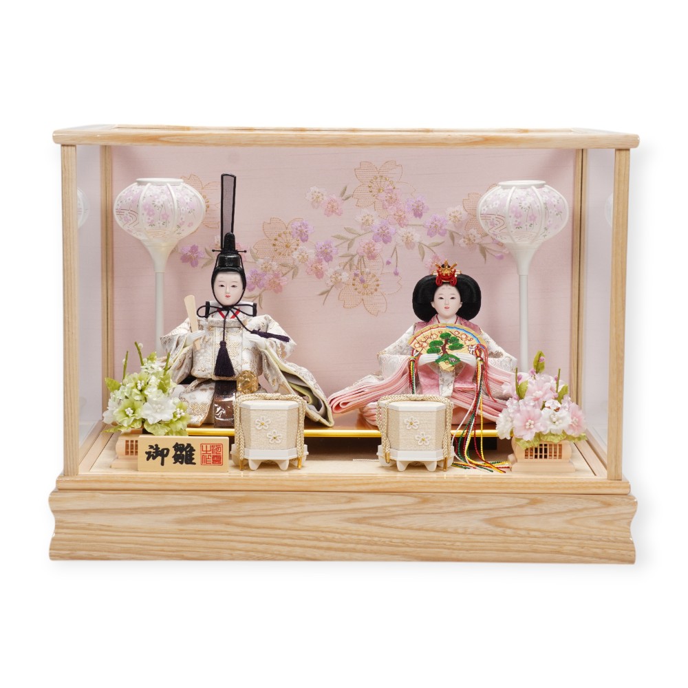 【雛人形】小芥子 金襴 白木 親王揃いガラスケース飾り | 河雲作