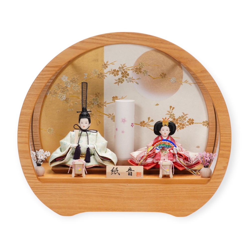 【雛人形】京十四番 金襴 花菱(グリーン・ピンク) 親王揃いアクリルケース飾り | 恵翠作
