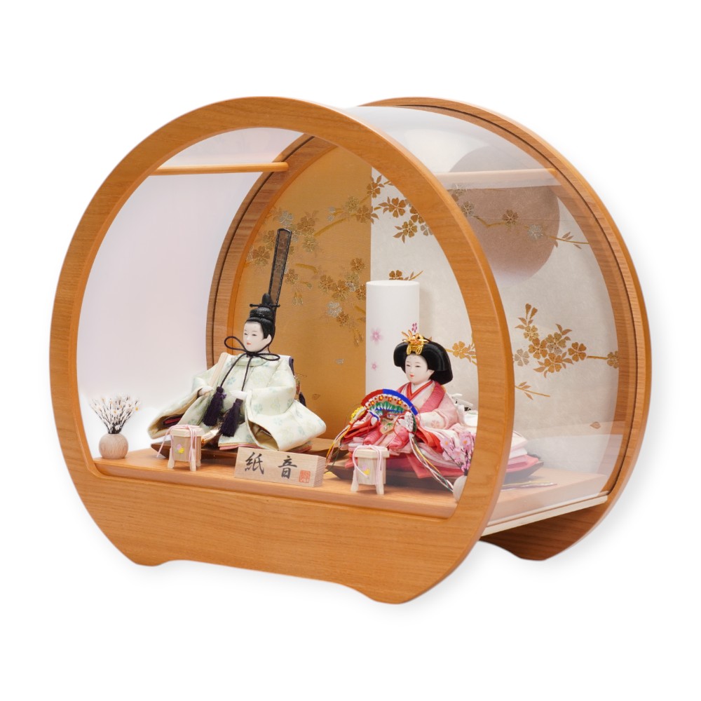 【雛人形】京十四番 金襴 花菱(グリーン・ピンク) 親王揃いアクリルケース飾り | 恵翠作