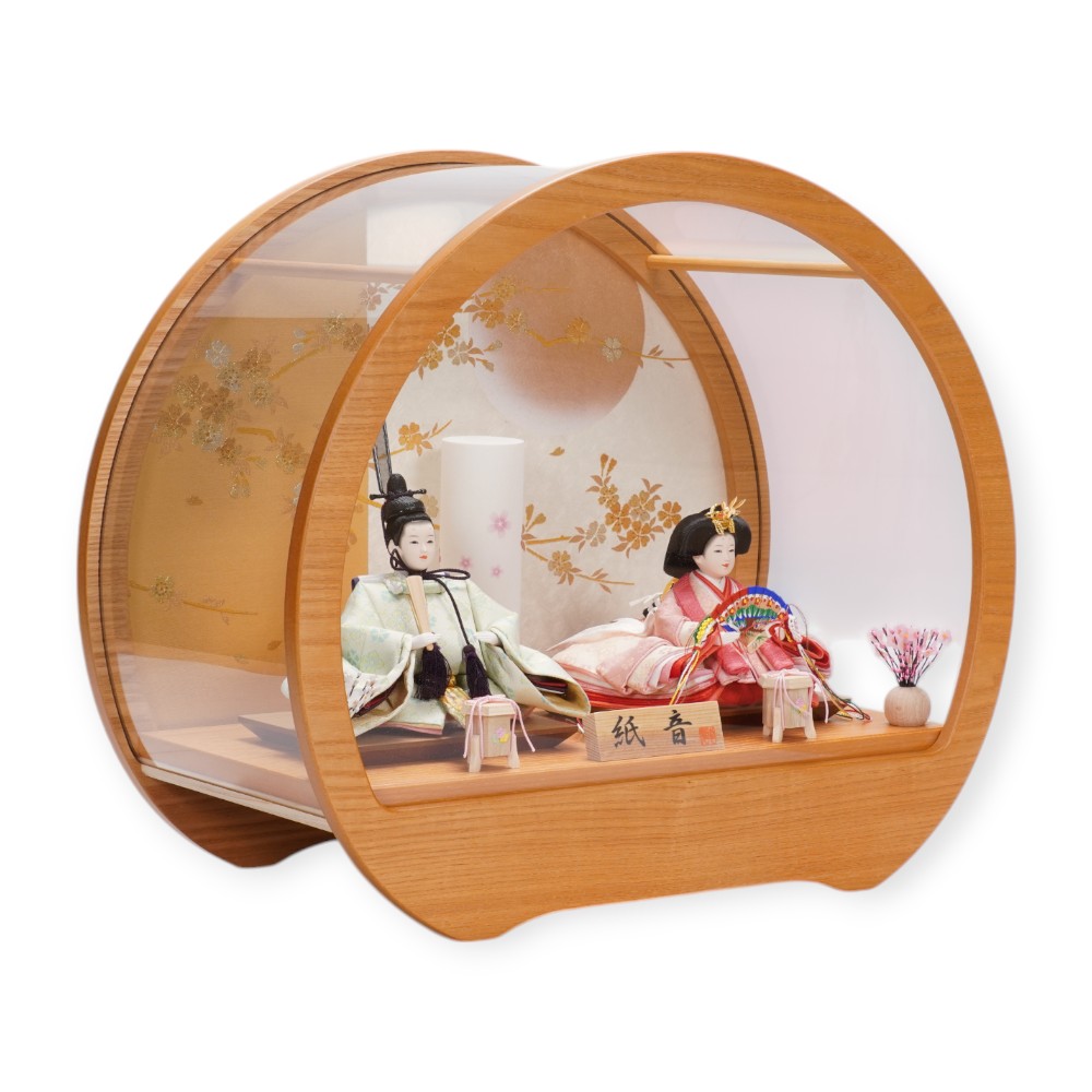 【雛人形】京十四番 金襴 花菱(グリーン・ピンク) 親王揃いアクリルケース飾り | 恵翠作