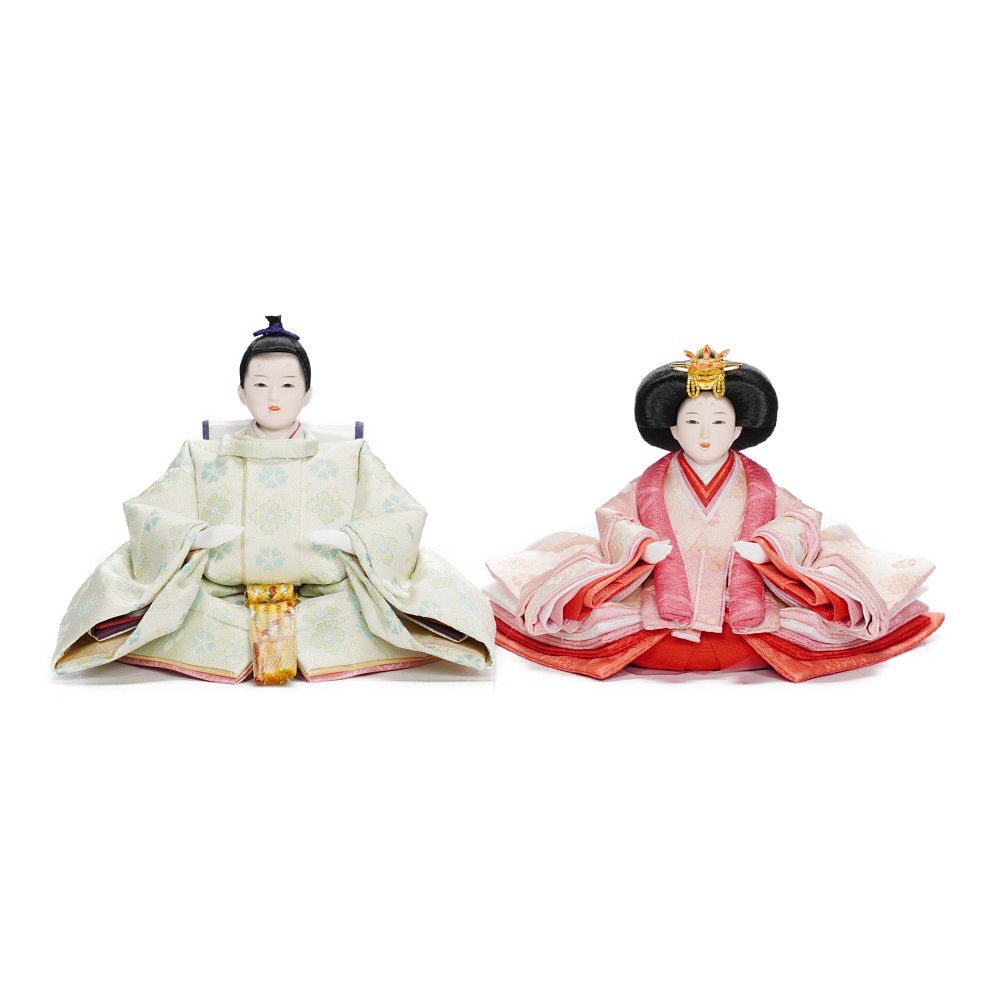 【雛人形】京十四番 金襴 花菱(グリーン・ピンク) 親王揃いアクリルケース飾り | 恵翠作
