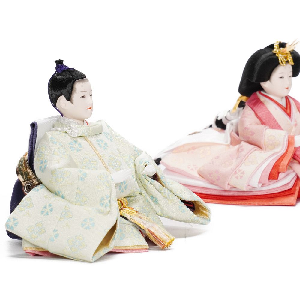 【雛人形】京十四番 金襴 花菱(グリーン・ピンク) 親王揃いアクリルケース飾り | 恵翠作
