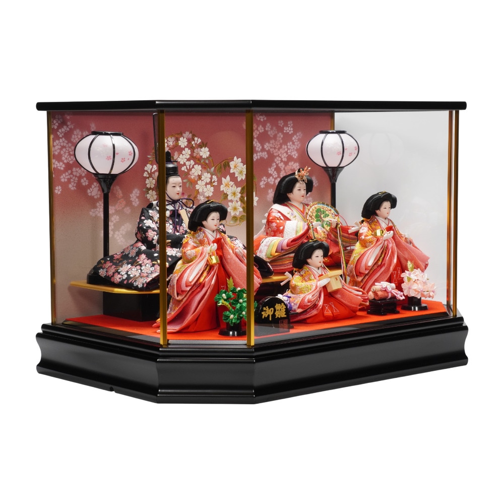 雛人形】三五 金襴 桜柄(黒・赤) 五人揃いガラスケース飾り〈河雲作