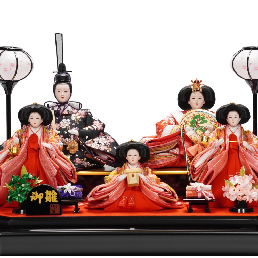 雛人形】三五 金襴 桜柄(黒・赤) 五人揃いガラスケース飾り〈河雲作