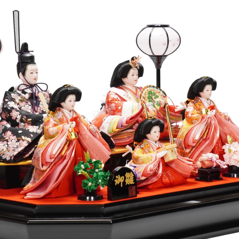 雛人形】三五 金襴 桜柄(黒・赤) 五人揃いガラスケース飾り〈河雲作