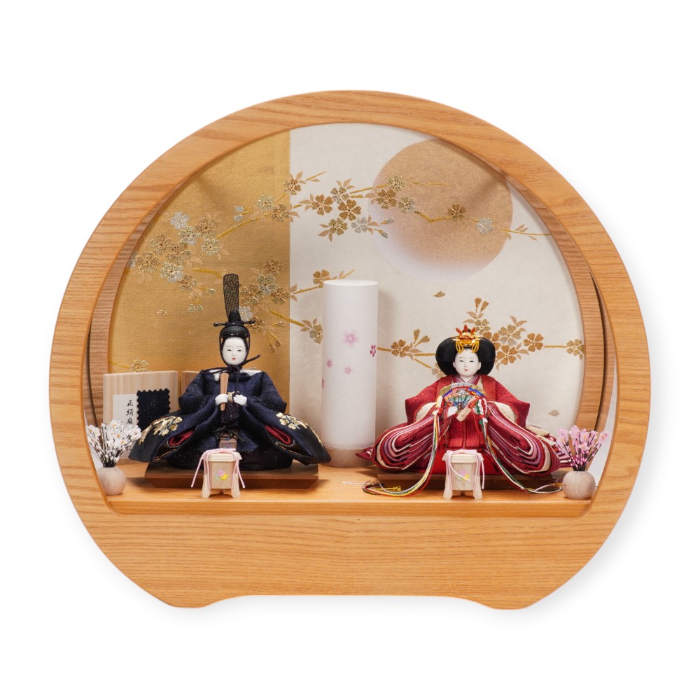 【雛人形】「葵」 麻の葉に刺繍桜(紺・赤) 親王揃いアクリルケース飾り〈柴田家千代作〉[253-136]