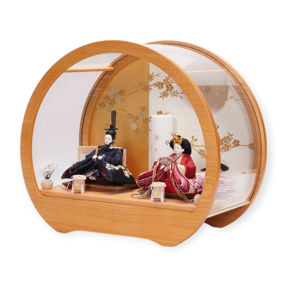 【雛人形】「葵」 麻の葉に刺繍桜(紺・赤) 親王揃いアクリルケース飾り〈柴田家千代作〉[253-136]