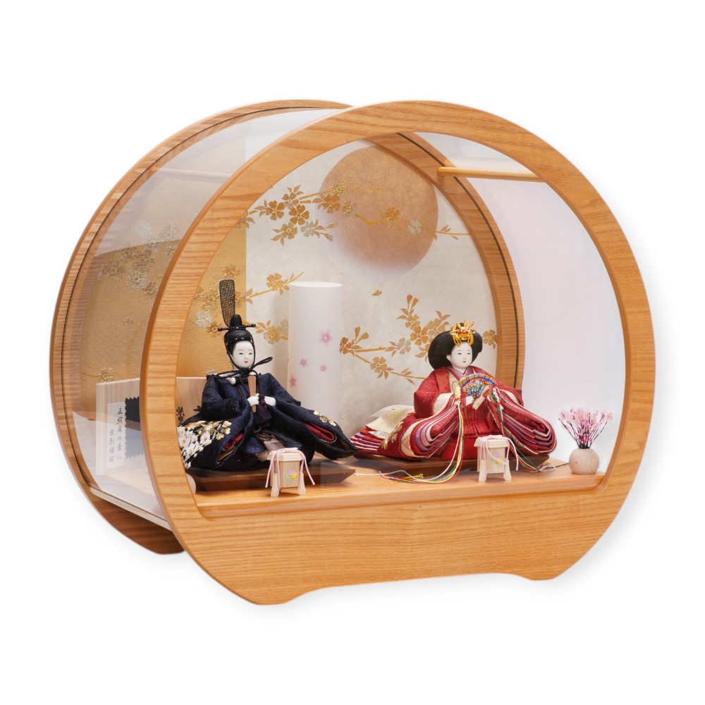 【雛人形】「葵」 麻の葉に刺繍桜(紺・赤) 親王揃いアクリルケース飾り〈柴田家千代作〉[253-136]