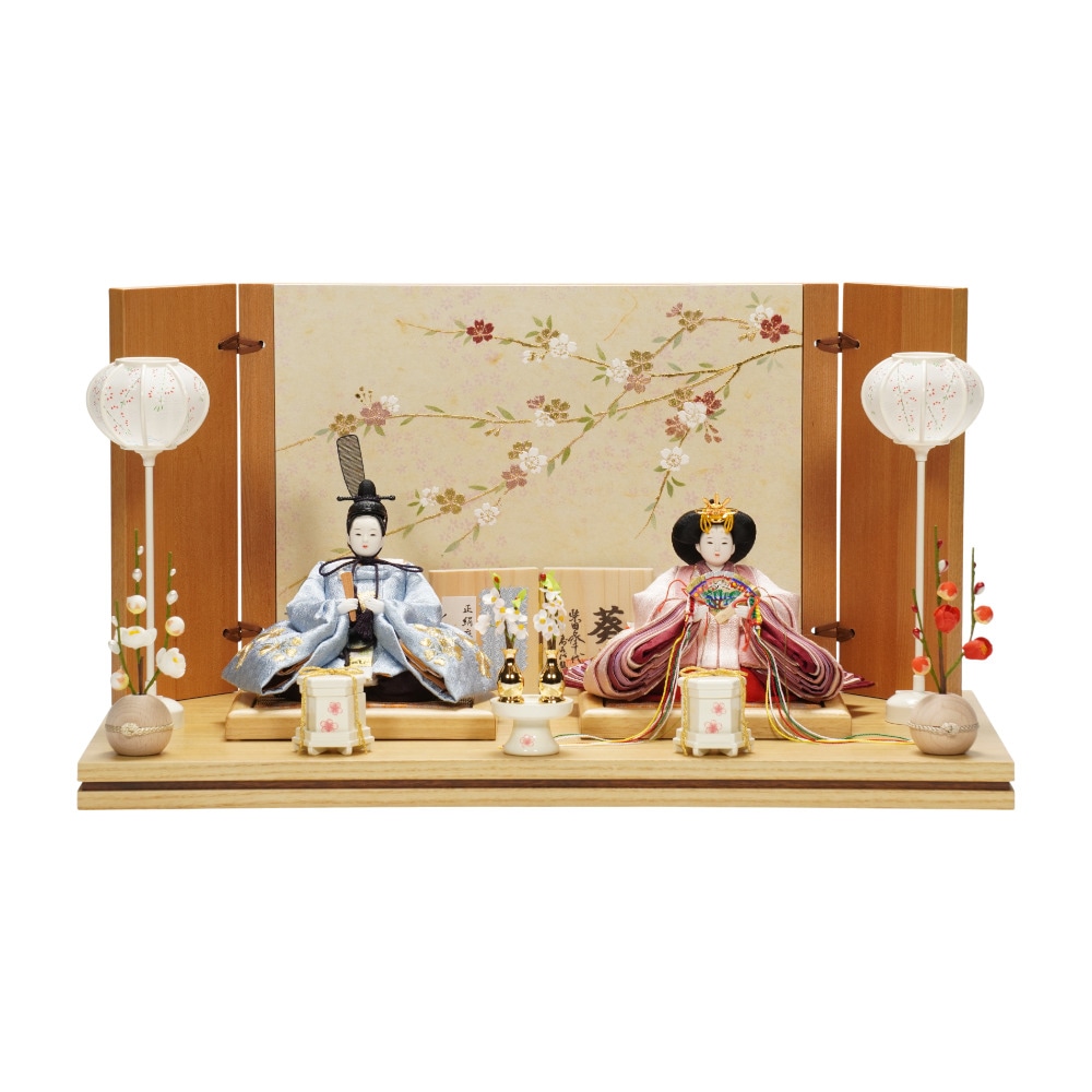 【雛人形】「葵」 麻の葉に京刺繍桜(水色・ピンク) 親王飾り | 柴田家千代作