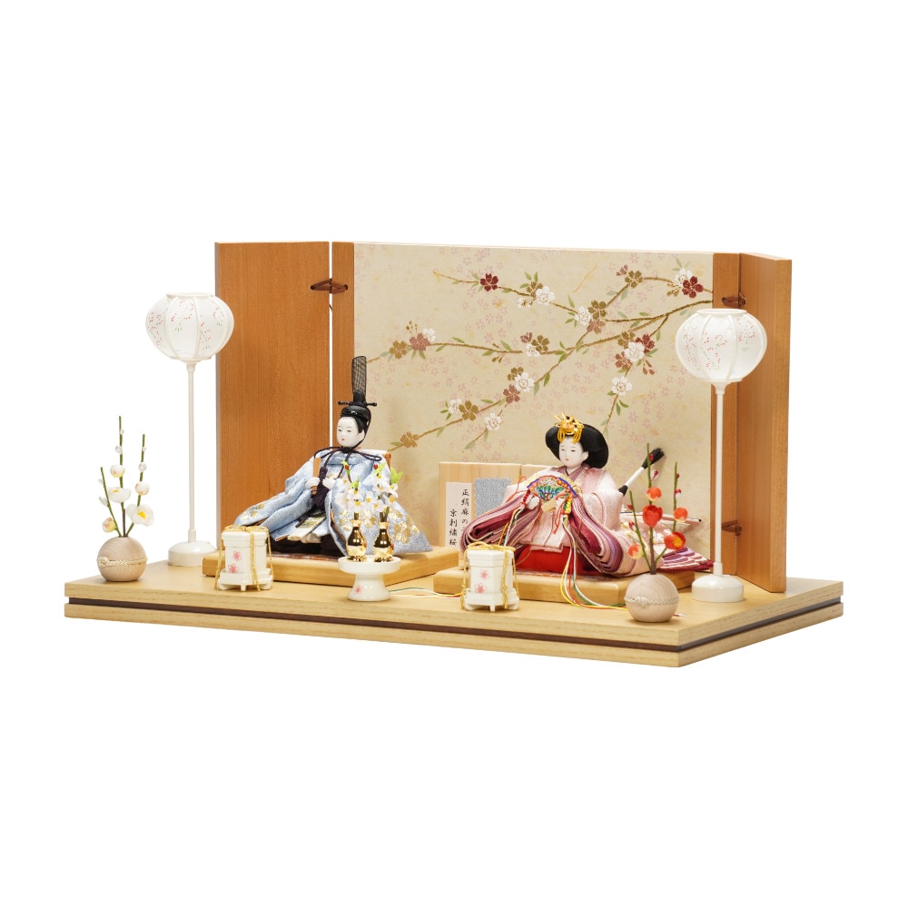 【雛人形】「葵」 麻の葉に京刺繍桜(水色・ピンク) 親王飾り | 柴田家千代作