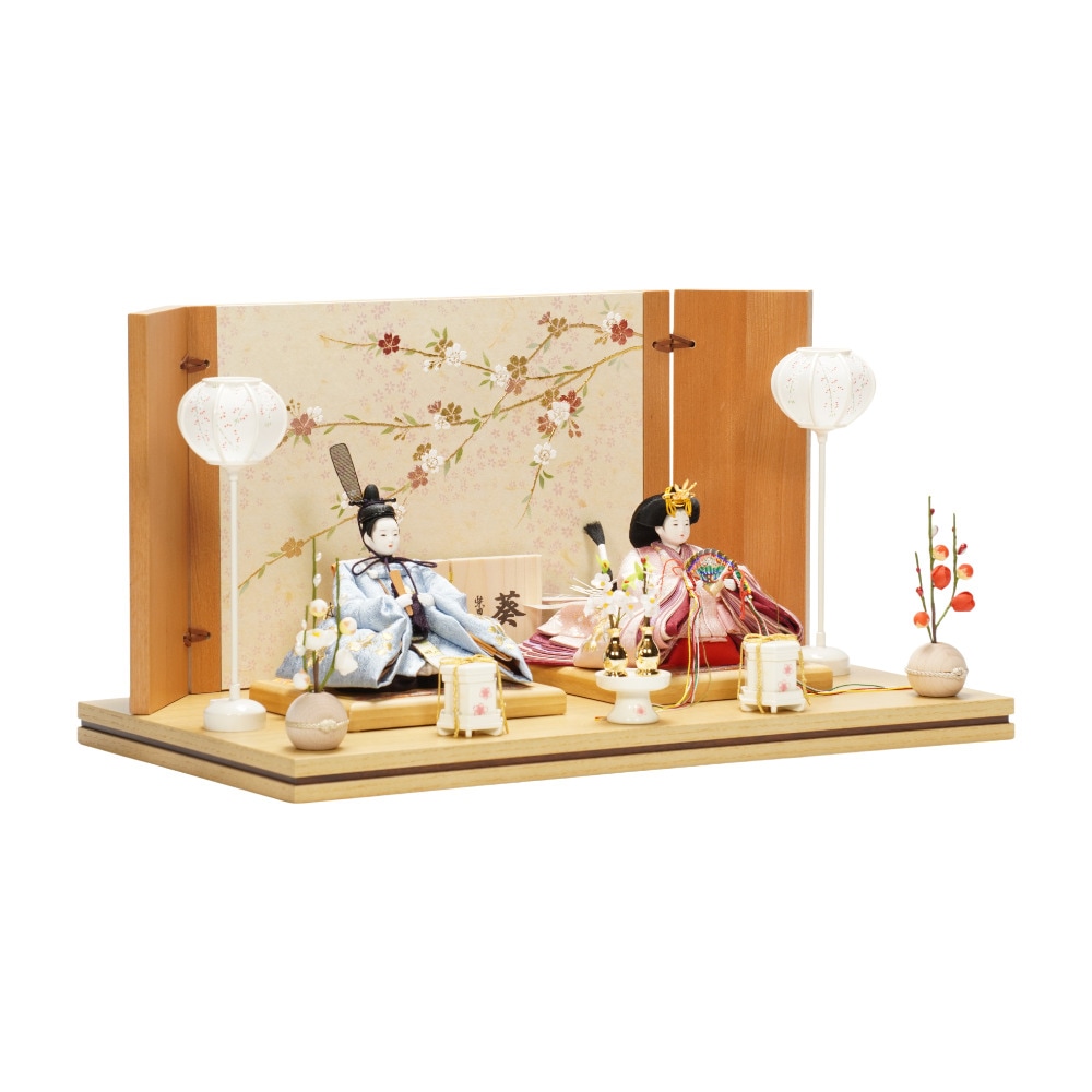 【雛人形】「葵」 麻の葉に京刺繍桜(水色・ピンク) 親王飾り | 柴田家千代作