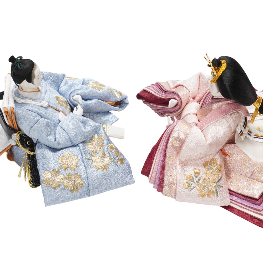 【雛人形】「葵」 麻の葉に京刺繍桜(水色・ピンク) 親王飾り | 柴田家千代作