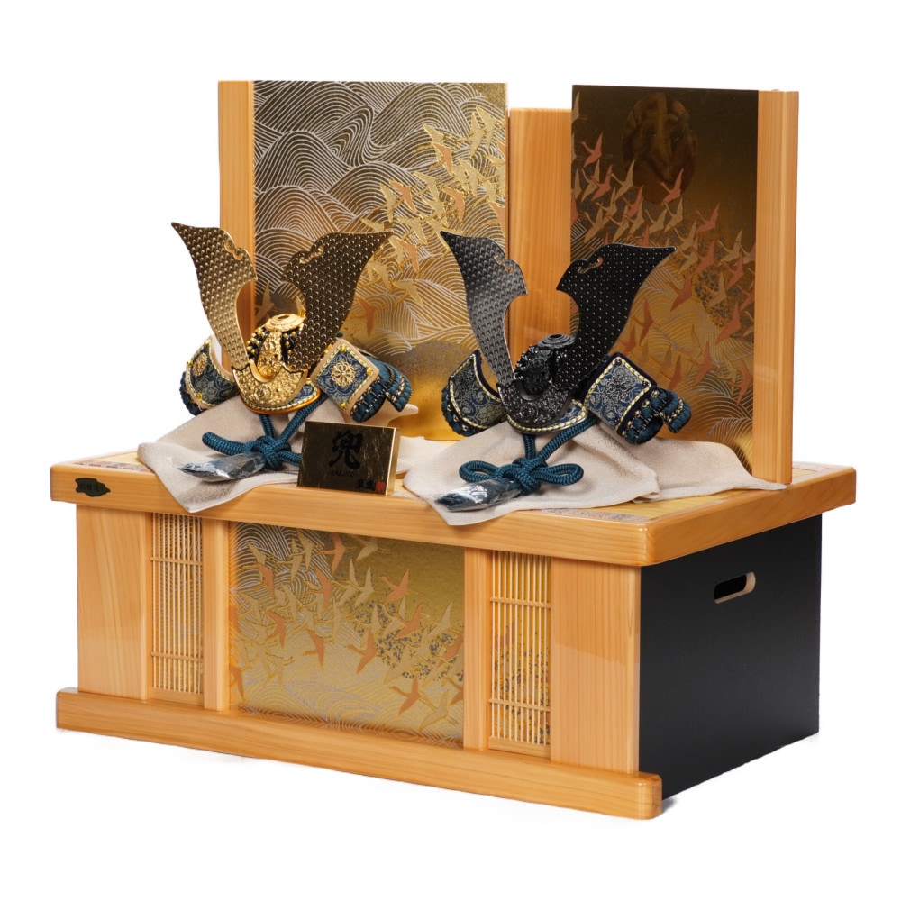 五月人形】8号 永遠之兜収納 ベージュ×マットブラック 兜収納双子飾り