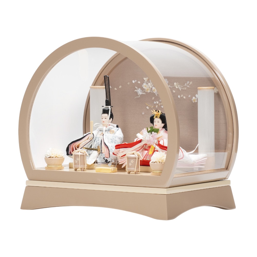 雛人形】小芥子 桜刺繍 モカ 親王揃いドーム型アクリルケース飾り〈清