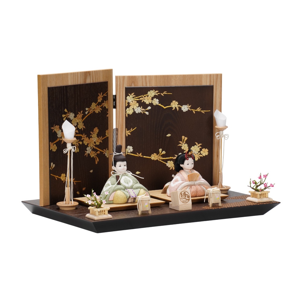 銀草子堂 藤井気楽 銀細工 蓮の葉と花 とんぼと鯉、亀 雛道具 ミニチュア 木目込み雛人形】草木染(桑の葉×茜) 親王飾り〈縫nui作〉[263-014