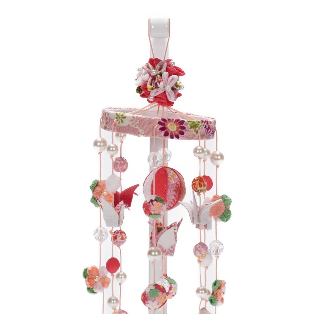 【つるし飾り】折り鶴 ピンク(花玉付き)※白スタンド 〈女の子〉[223T-061]